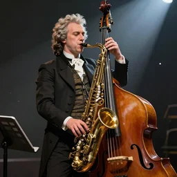 Mozart giving an outstanding performance on the double bass saxophone, artstation, digital painting, 4k, light ray, particles