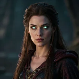 beautiful female wizard with glowing eyes, photoreal, dramatic, cinematic, detailed, magnificiant, realistic, photo real, unreal engine 5, rule of thirds, dynamic lighting, in the style of eddie mendoza and sebastian luedke