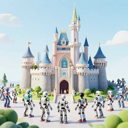 a futuristic castle, crowded, plastic, nature, robots, digital art.