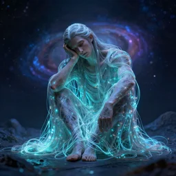 an exhausted deity, contemplating existence, beyond the known universe, fine art, bokeh, omnidimensional, ocd, electroluminescent wire by wayne barlowe + jack davis + alex grey