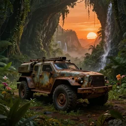 a sci fi rusty and dirty military vehicle in a prehistoric jungle cave, lush flora, waterfall, mountains, flowers, vines, orange sky, dark, sunset, hazy, volumetric lighting, rtx on, photorealistic render, beautiful, stunning, ultra - detailed