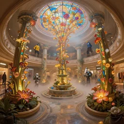 fish eye lens, minimalist 3 d fractal swirling vortex oil painting by donato giancola, warm coloured, cinematic scifi bioluminescent luxurious futuristic foggy steam filled victorian garden circular shopping mall interior with microscopy minimalist stained glass flowers growing out of pretty bulbous ceramic fountains, gigantic pillars and flowers, maschinen krieger, beeple, star trek, star wars