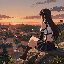 tifa sitting on a rock off to the side looking down upon swedish town, during dawn, cinematic, very warm colors, intense shadows, anime illustration, anime screenshot composite background