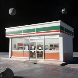 the outside of a convenience store located on an asteroid in space
