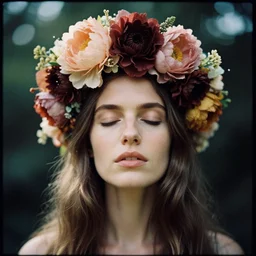 An analog head and shoulder frontal face photography of a Caucasian woman wearing a big!!! floral headpiece crown by Oleg Oprisco. Vogue. Long hair. closed eyes. Kodak Portra 800 film. Depth of field. whirl bokeh. Sunshine. detailed. hq. realistic. warm light. muted colors. Moody. Filmic. Dreamy. lens flare. Leica M9, f/1.2, symmetrical balance, in-frame