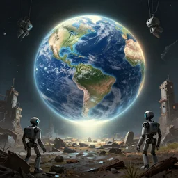 escape from earth, uplight, abandoned earth with ruins, robots, by greg rutkowski, trending at artstation