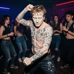 man covered in floral tattoos dancing in a nightclub, moulded around a group of teens on drugs