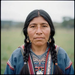 A color analog 35mm film portrait photography of a Selknam woman. detailed. hq. realistic. muted colors. depth of field