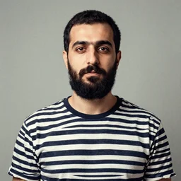 a man with a beard and a striped shirt, a character portrait by nazmi ziya guran, pexels contest winner, international typographic style, sabattier filter, matte photo, sabattier effect