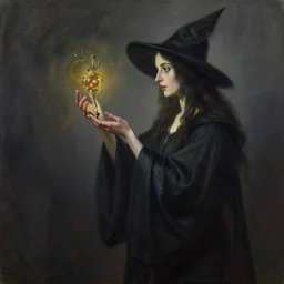 a beautiful witch stares at a strange artefact in her hands. she wear a long dark robe. painted by barbucci, canepa, regis loisel, enki bilal, tony sandoval oil painting.