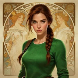 Epic portrait, lara croft wearing an green sweater and having long flow hair, digital painting, artstation, concept art, soft light, hdri, smooth, sharp focus, illustration, fantasy, intricate, elegant, highly detailed, D&D, matte painting, in the style of Greg Rutkowski and Alphonse Mucha and artemisia, 8k,