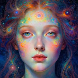 hyperrealistic abstract close-up female! portrait Renaissance psychedelic!! celestial happy! pure creature!! perfect!! face! peaceful! kind spirit of nature! beautiful fractal!! eyes! highly detailed concept art cinematic hard rainbow lighting high angle hd 8k sharp shallow depth of field endless, inspired by Ito Jakuchu and David Hockney