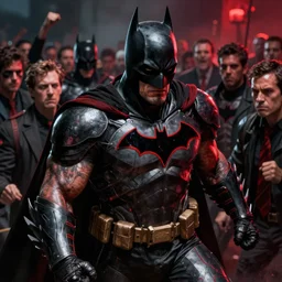 muscular hypertrophy dark old armored batman fighting a large crowd, black jacket with fine red design details, specular highlights, global ilumination, scary atmospheric lighting, sharp focus, vivid color scheme, hyper realistic digital painting fantasy art by cristian sauret, greg rutkowski, lee bermejo, artgerm, makoto shinkai and clay mann