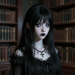 1 7 - year - old pale - skinned persian goth girl, black hair, long bob hair, psychic girl, old library, gloomy library, ultra realistic, sharp details, subsurface scattering, intricate details, cold lighting, highly detailed, photorealistic, octane render, 8 k unreal engine, art by artgerm