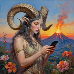 painting by senior concept artist josephine wall, horned ram goddess, checking her cell phone, erupting volcano and sunset in distance in background, flowers in foreground, zodiac, fantasy acrylic on canvas, intricately detailed, highly detailed, high resolution, hdr, 8 k, trending on artstation