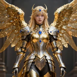 concept art angel knight girl in golden and silver armor adorned in sapphire gems, artstation trending, octane render, cinematic, highly detaild