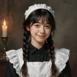 a (sadly) (((smiling)))) black haired, young hungarian servantmaid from the 19th century who looks very similar to ((Lee Young Ae)) with a two french braids, detailed, soft focus, candle light, realistic oil painting by   John Everett Millais, Henry Meynell Rheam, Munkácsy, Csók István, and da Vinci