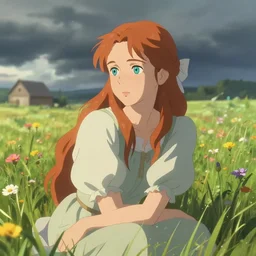 a beautiful southern woman named Savannah, innocent, somber turquoise eyes, freckles, long ginger hair tied with white ribbon, relaxed in a field of flowers on a farm, gentle lighting, storm in the distance, western clothing, dress, digital art by Makoto Shinkai ilya kuvshinov and Wojtek Fus, digital art, concept art,