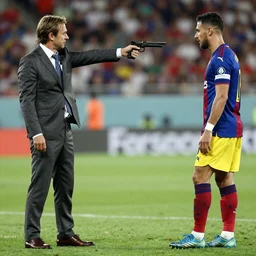A man in a disheveled suit pointing a gun at a professional soccer player in a blue, red and yellow uniform