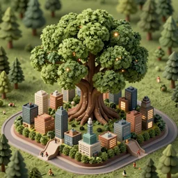a miniature city built into the trunk of a single colossal tree in the forest, with tiny people, in the style of cory loftis, lit windows, close - up, low angle, wide angle, awe - inspiring, highly detailed digital art, isometric