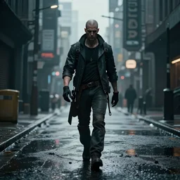 a cyber punk vilian walking down the street high resolution