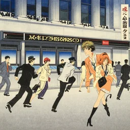 japanese woodblock art of wallstreet office with brokers running between the bloomberg terminals, ukiyo - e, visual novel cg, 8 0 s anime vibe, vaporwave nostalgia, vogue magazine, kimagure orange road, maison ikkoku, city hunter, great teacher onizuka