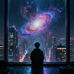 lonely one cyber godly person made of cosmic nebula galaxy energy watching a vast rainy colorful complex cyberpunk futuristic city from behind at night through a window in a room, 8 k, photorealistic, concept art, wet, highly detailed, cinematic mood by ridley scott, ghost in the shell, akita, digital painting, trending on artstation, glowing lights, sharp focus, epic
