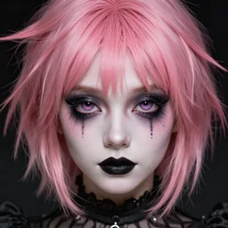 face portrait of a young witch with a pale heart - shaped face and dark twinkling eyes and short pink spiky hair, highly detailed, digital art