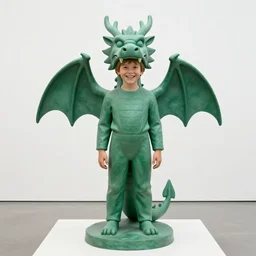 The sculpture features a young boy disguised as a dragon. The boy is shown wearing a costume with dragon-like features, including a long tail, wings, and horns. He has a large grin on his face, suggesting that he is enjoying his disguise. pine green by David Hockney, by Daniel Buren lines