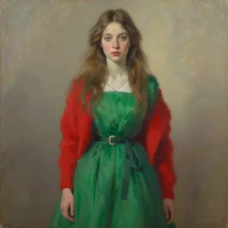 ethereal woman in a green dress with a red sweater, painting by nicole susan