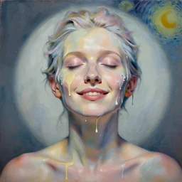 portrait, closed eyes, liquid paint dripping over her face, airbrush strokes, intimate, pastel shades colors, beautiful face covered in paint, body made of spray paint, rule of thirds, spotlight, expressive, passionate smile, by tom bagshaw, by jeremy mann, by francoise nielly, by vincent van gogh, oil painting, 8 k