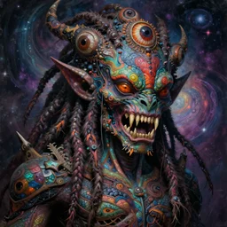 a high detailed hyper detailed painting of a spiritual monster with dreadlocks and several eyes, pointy teeth and colorful skin with scales and strange textures, surreal psychedelic cosmic horror