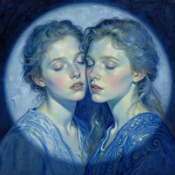 portrait of two beautiful girls, intimate, eyes closed, faded shades of blue, beautiful face, rule of thirds, intricate outfit, spotlight, by greg rutkowski, by jeremy mann, by francoise nielly, by van gogh, digital painting