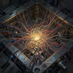 entangled wires inside the mainframe, concept art, trending on artstation, wlop, ross draws, digital painting, mixed media, intricate details, volumetric lighting