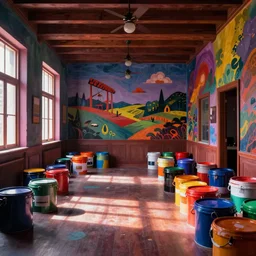 a large room and colorful paint buckets in the style of simon stalenhag