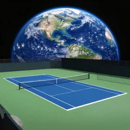 tennis court on the moon with the earth visible in the background, digital art, trending on artstation