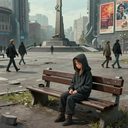 storyboard : sadie sink in hoodie sits on long bench in ruined square, pedestrians walk by, soviet monument and propaganda posters. scifi cyberpunk. by gabriel hardman. cinematic atmosphere, detailed and intricate, perfect anatomy