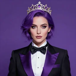 an elegant woman wearing a crown and a bow tie, purple hair, black and purple tuxedo, purple background, very beautiful, artstation, high quality, sharp, hyperrealistic, dramatic lighting, loose brush strokes, by greg rutkowski, by artgerm, by alphonse mucha