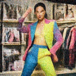 trouser suit for a rave, bright colors, photo for a magazine, photo for a store, fashion photography, Vogue, 135 mm, cinematic, high detail, 8k, dynamic pose,Smooth skin, perfect face
