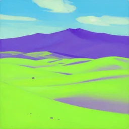 this painting is simply stunning. it is a beautiful landscape painting of a desert scene, with mountains in the background and a bright sky. the colors are so vibrant and the detail is amazing. it is a truly beautiful painting. flat color, neon green, deep purple by diego dayer & naoko takeuchi. trending on artstation