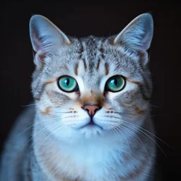 a cat potrait, glowing, frontal view, cool looking, high resolution