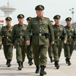 kim jong - il clone army walking in 1 9 6 0 s pyongyang, epic thriller in the style of ghost in the shell by mamoru oshii, blur very realistic movie still, backlighting