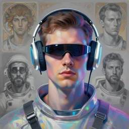 holographic colors, future coder man looking on, sleek cyclops display over eyes and sleek bright headphoneset, neon accent lights, desaturated headshot portrait painting by dean cornwall, rhads, john berkey, tom whalen, alex grey, alphonse mucha, donoto giancola, astronaut cyberpunk electric fashion photography