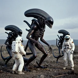xenomorph, xenomorphs, astronaut, apollo 1 1, the movie alien, high definition, grainy footage, color footage, landscape, far length photography