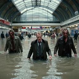 movie scene of zombie apocalypse at flooded victoria station in london, zombies wading through water, roger deakins, cinematic, cinemascope, kodak shot on film