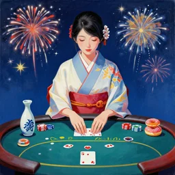 woman in a japanese kimono sitting at an extremely detailed poker table with the startrooper, sake, donuts on the table, fireworks and stars on the background, canvas, acrylic paint, cool color palette, 4 k, ultra - hd