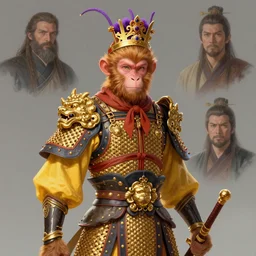 concept art of monkey king 孙 悟 空 from chinese myth 西 游 记, 紫 金 冠, 黄 金 甲, concept art, artstation by jean - baptiste monge and craig mullins and greg rutkowsk