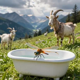 dragonfly in a bathtub in the alps, big goat!!!!!!! in the background, with goats!! on grass
