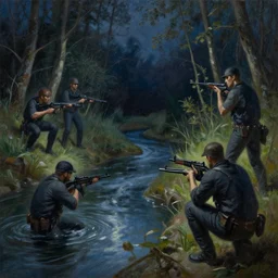 mafia smuggling guns by the river in the woods at night, oil painting by greg rutkowski