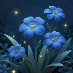 beautiful digital matte painting of whimsical botanical illustration blue flowers fireflies enchanted background by android jones